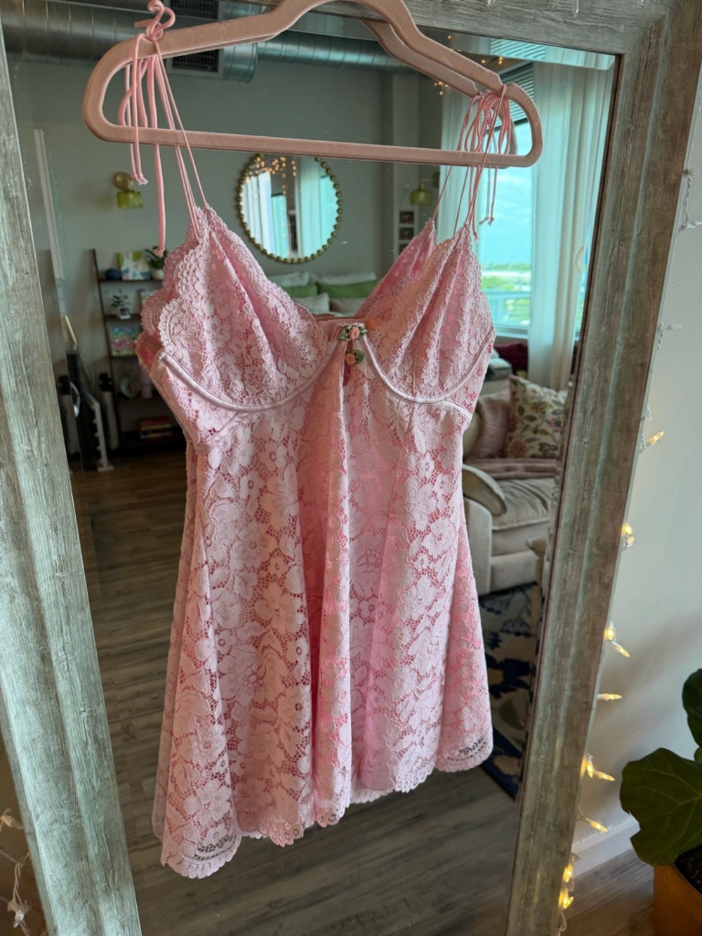 For Love & Lemons Pink Lace Chemise with Bow Accent